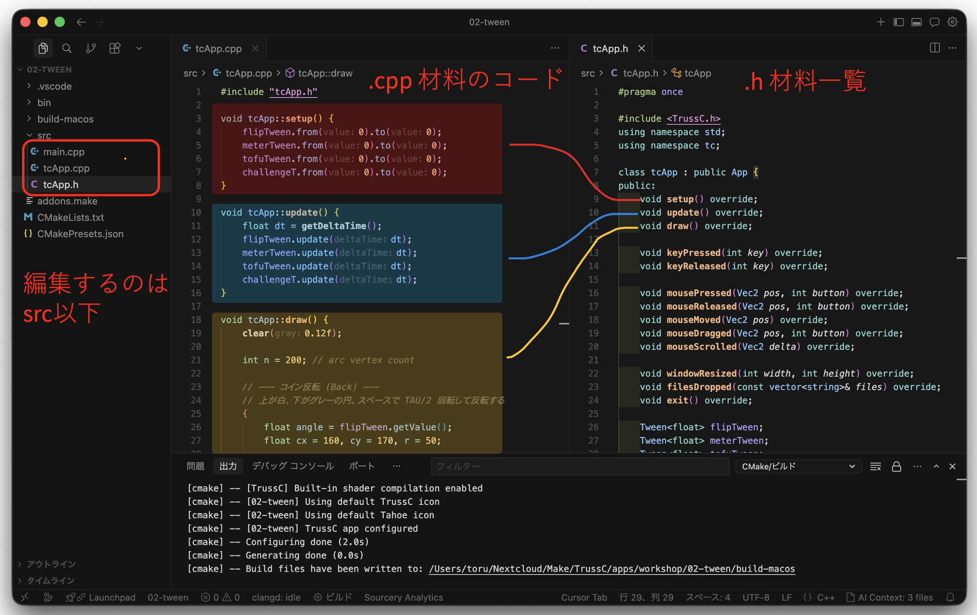 編集するのは src 以下 — .h 材料一覧 / .cpp 材料のコード